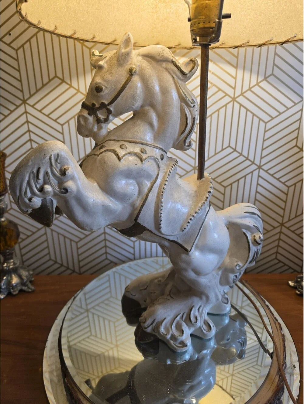 Vintage Midcentury Rearing Carousel Horse Lamp W 2 Tier Atomic Fiberglass Shade